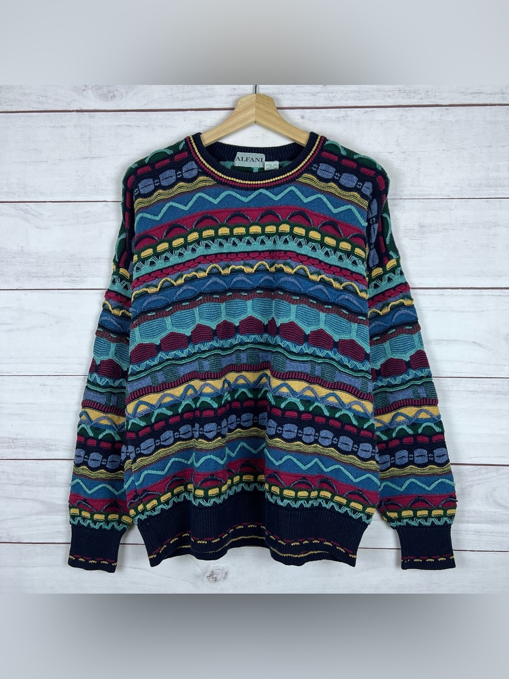 Vintage Alfani 3D Knit Sweater Mens L Striped Cotton Acrylic Knit Pullover